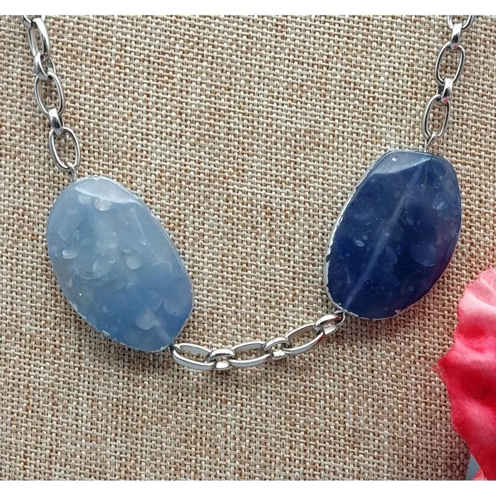 Chico's Silver Tone Long Chain Necklace with Blue Faux Stone Stations 42